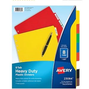 NWT Avery Heavy Duty Blank Plastic Dividers, 8-Tab, Multicolor (23084)